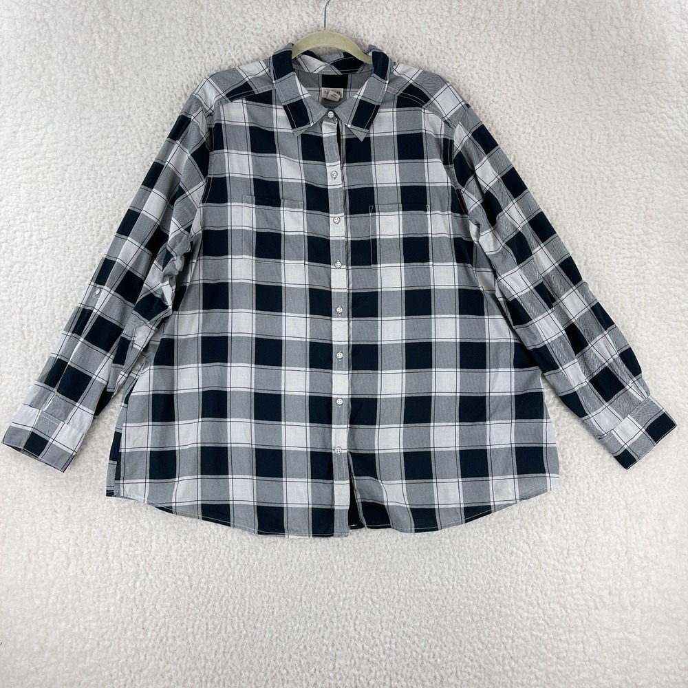 Foxcroft Black Check Print Button-Up Shirt Womens Long Sleeve Collared Size 20W